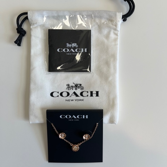 NEW Coach Open Circle Necklace And Tea Rose Stud Earrings Set Rose Gold Jewelry - Picture 2 of 5